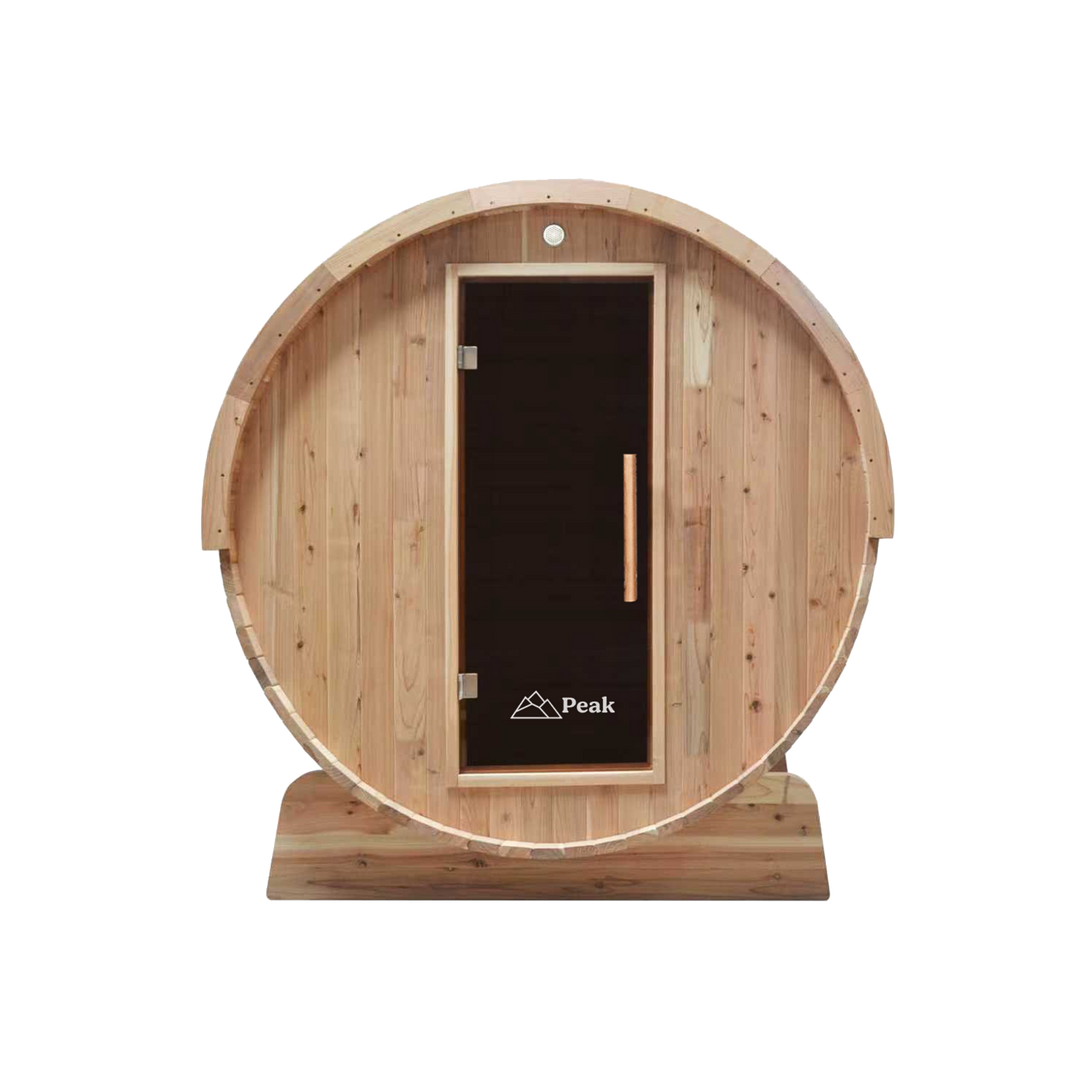 Cedar barrel sauna with a glass door on a white background