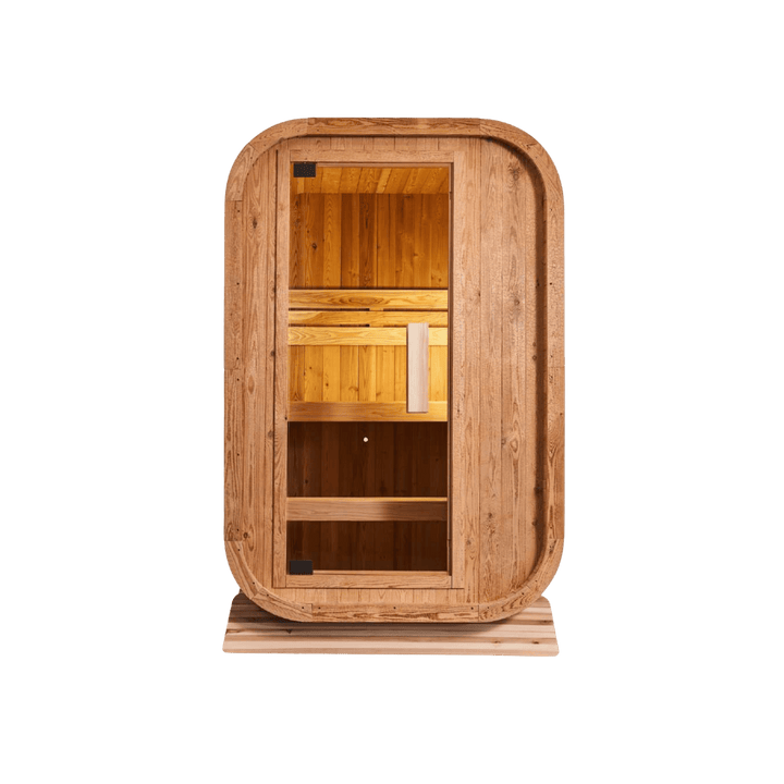 front view of the traditional mini cube stirling sauna by peak sauna and ice in melbourne