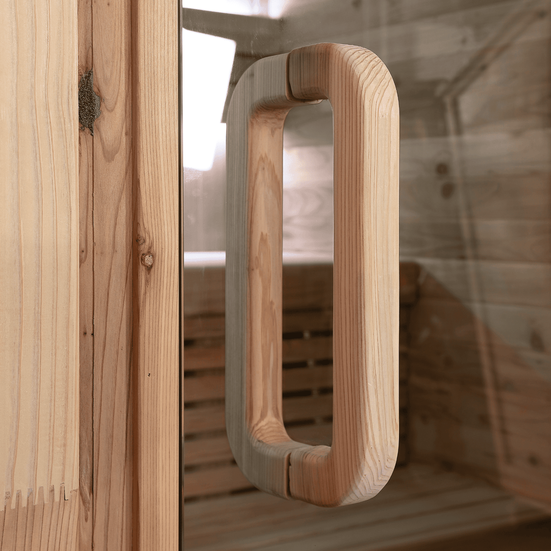 Peak Stirling Outdoor Traditional Sauna door handle close up view