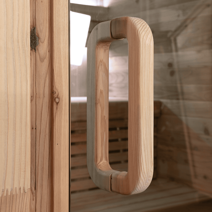 Peak Stirling Outdoor Traditional Sauna door handle close up view