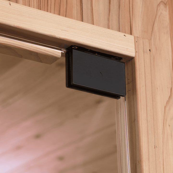 Peak Stirling Outdoor Traditional Sauna door hinge close up view
