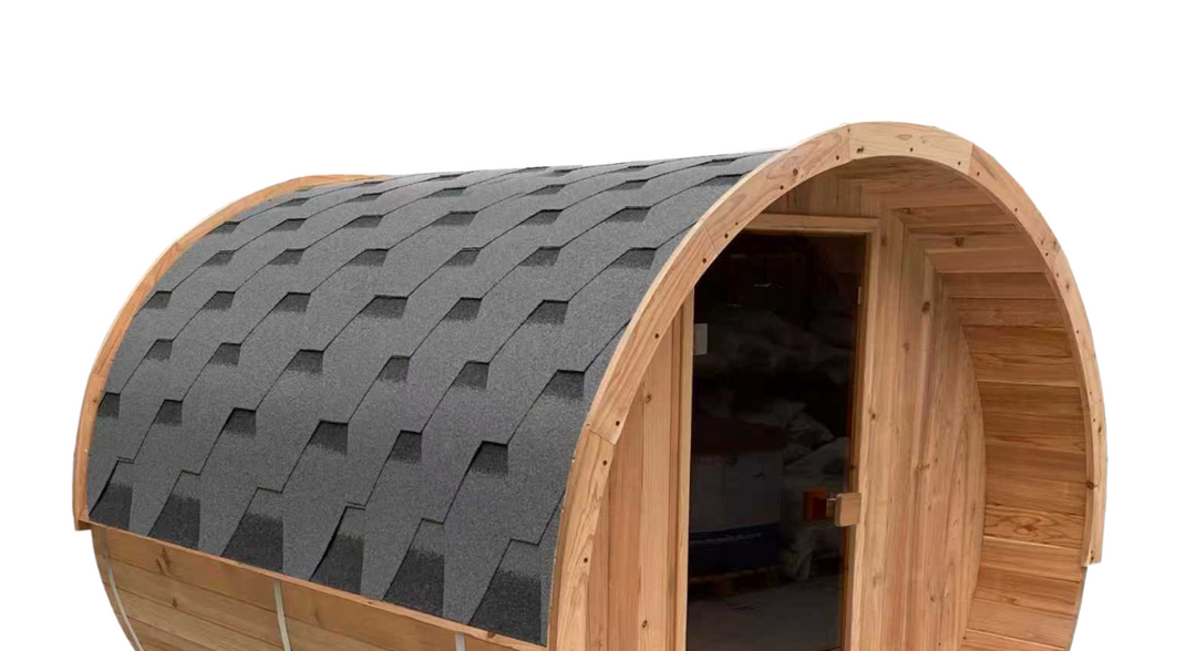 Wooden barrel-shaped eliza sauna with a gray roof shingle on a white background