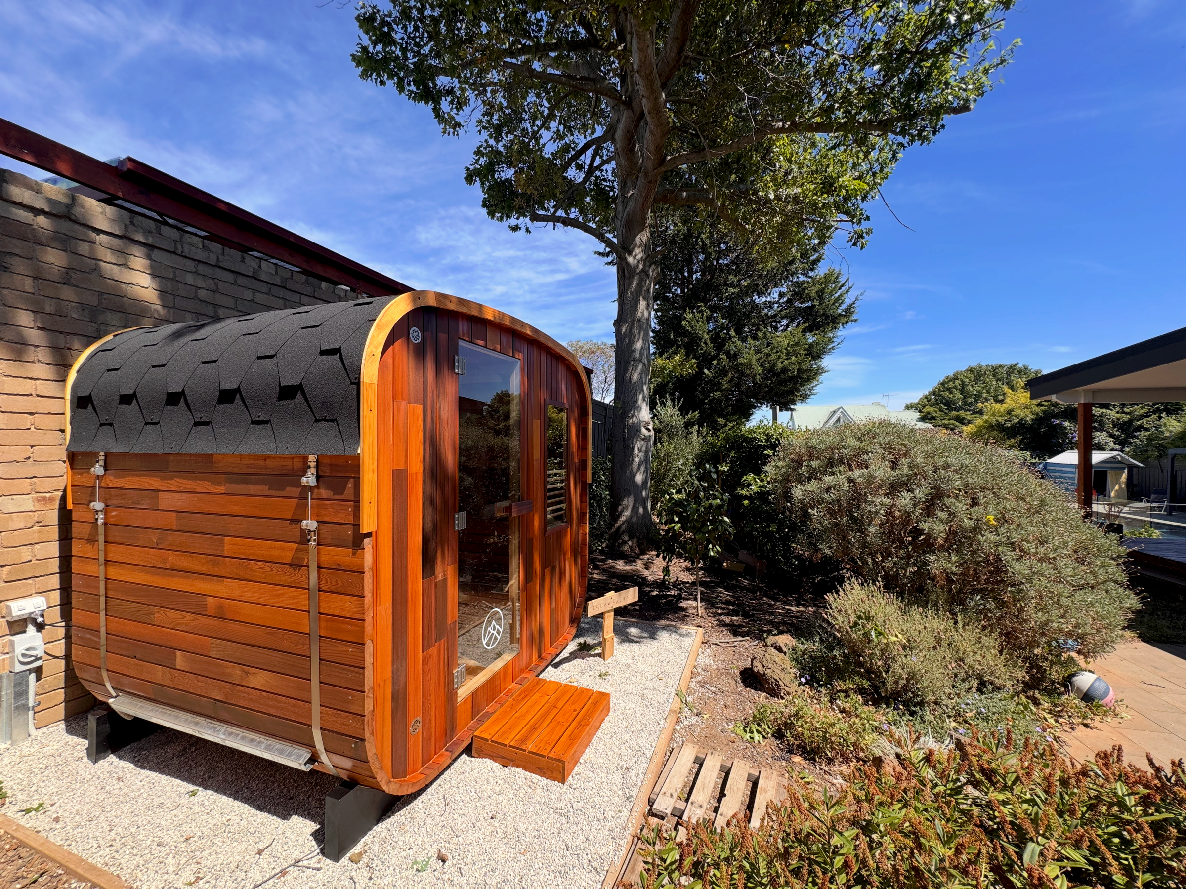 The Stirling traditional cube sauna on client's property by Peak Sauna and Ice in Melbourne