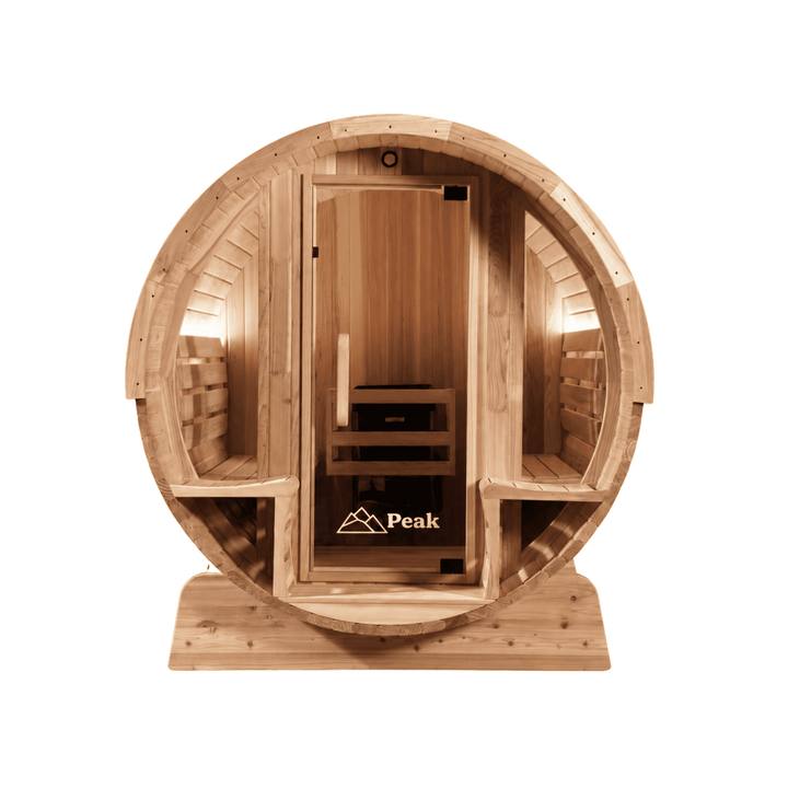 Wooden traditional barrel sauna with porch on a white background by peak sauna ice mornington