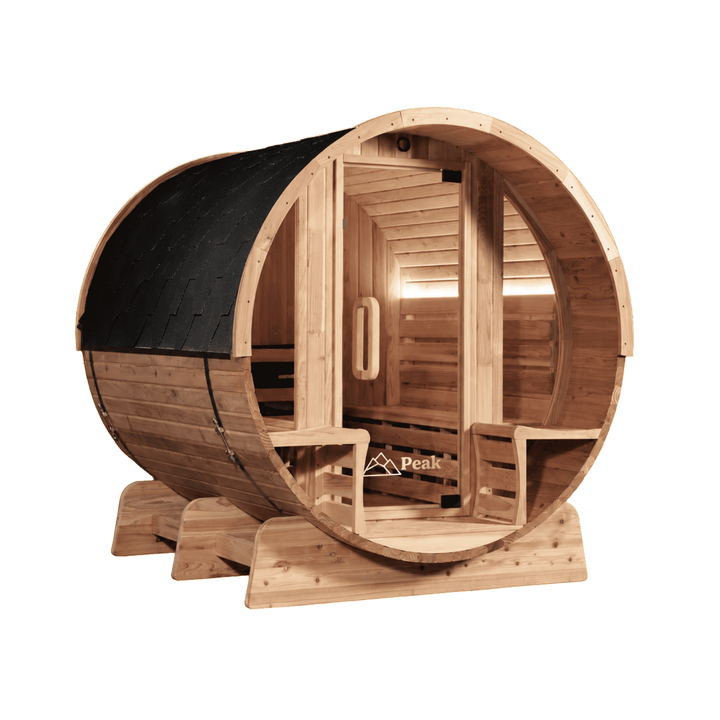 Wooden traditional barrel sauna on a white background by peak sauna ice mornington