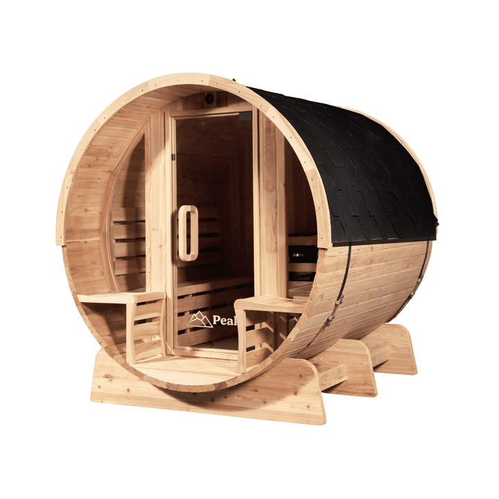 peak sauna ice arthur barrel with porch traditional sauna with shingles side view