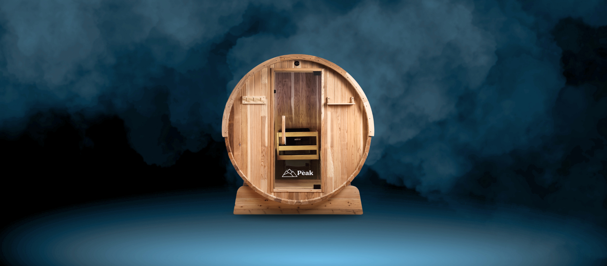 eliza barrel sauna with dark blue smoky background by peak sauna ice in  Melbourne