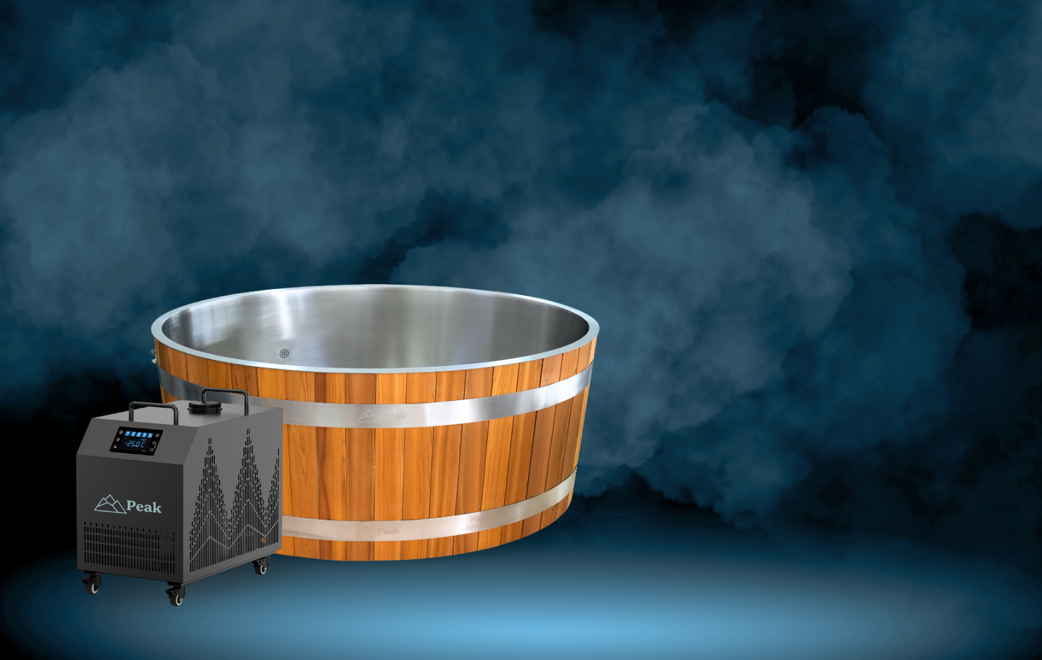 eildon ice bath with peak chiller with dark blue smoky background by peak sauna ice in  Melbourne