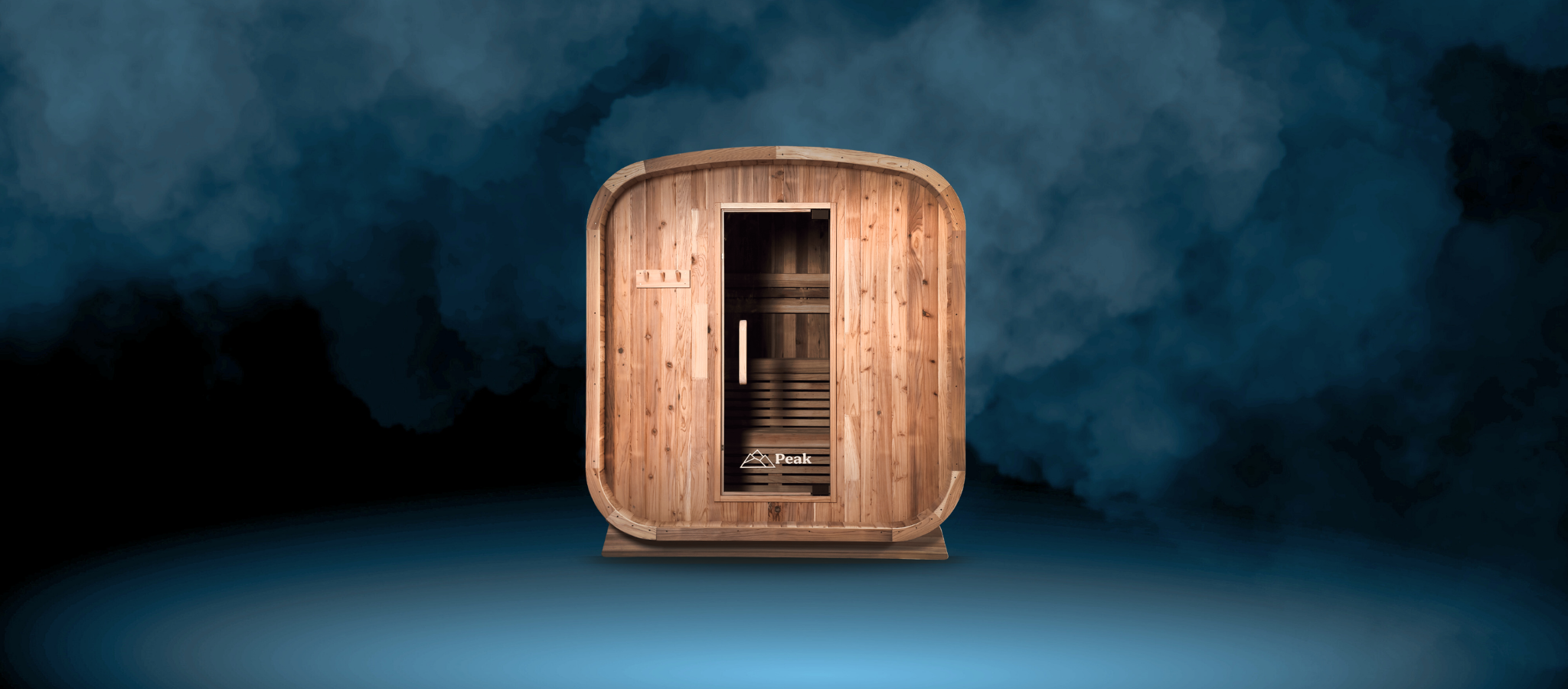 stirling cube sauna with dark blue smoky background by peak sauna ice in  Melbourne