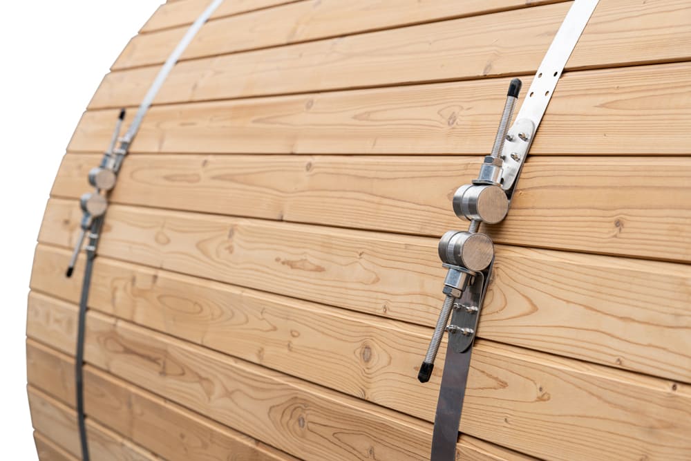close-up shot of the metal fittings on the eliza traditional barrel sauna by peak sauna and ice in melbourne