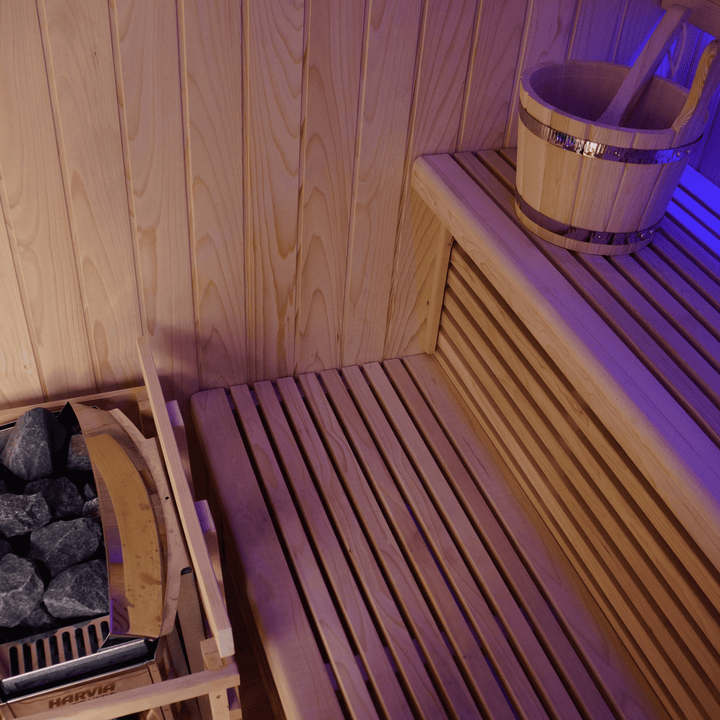 close-up shot of sabine two-tier bench with harvia heater in peak sauna and ice  in melbourne