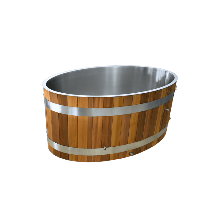 back view of eildon ice bath a wooden barrel with metal and timber by peak sauna and ice in melbourne