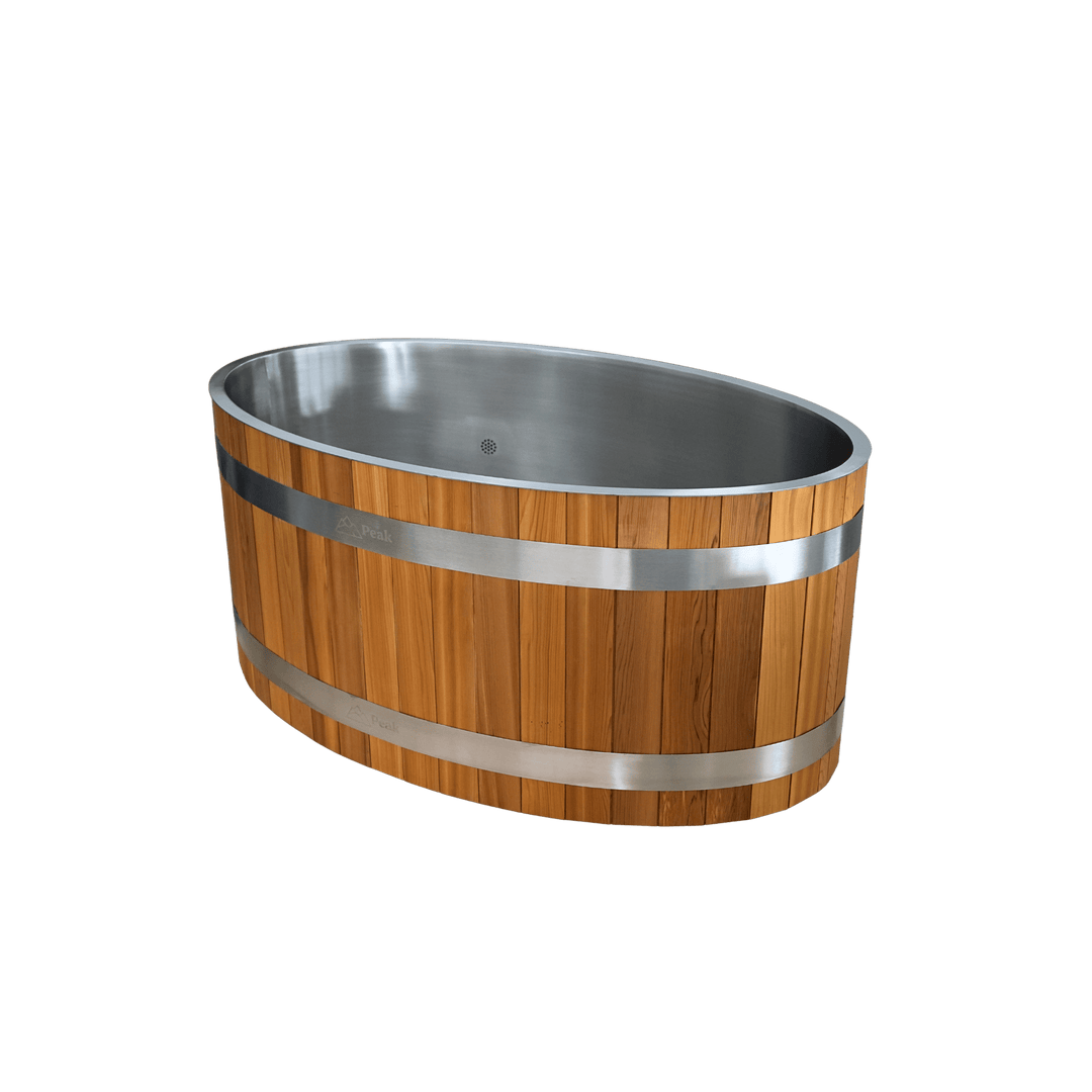 side view of eildon ice bath a wooden barrel with metal and timber by peak sauna and ice in melbourne