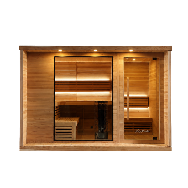Franklin outdoor traditional sauna with a change room beside it, front view