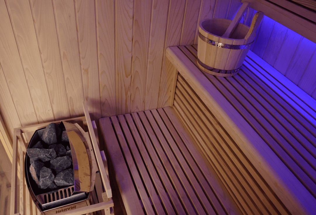 interior shot of traditional sauna with harvia heater, LED lightings and sauna accessories by peak sauna and ice in melbourne