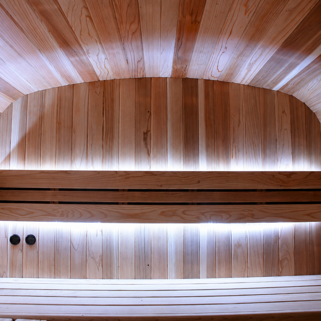 Peak Stirling Glass Outdoor Traditional Sauna LED light interior view