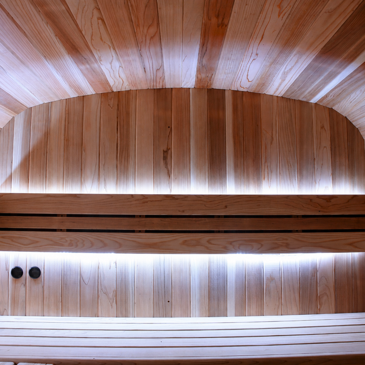 Peak Stirling Glass Outdoor Traditional Sauna LED light interior view