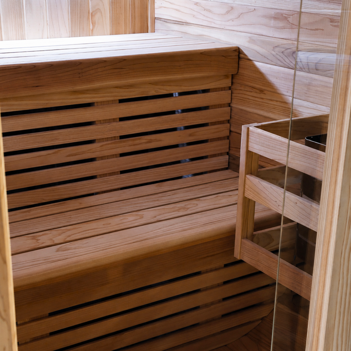 Peak Stirling Glass Outdoor Traditional Sauna two tier benches