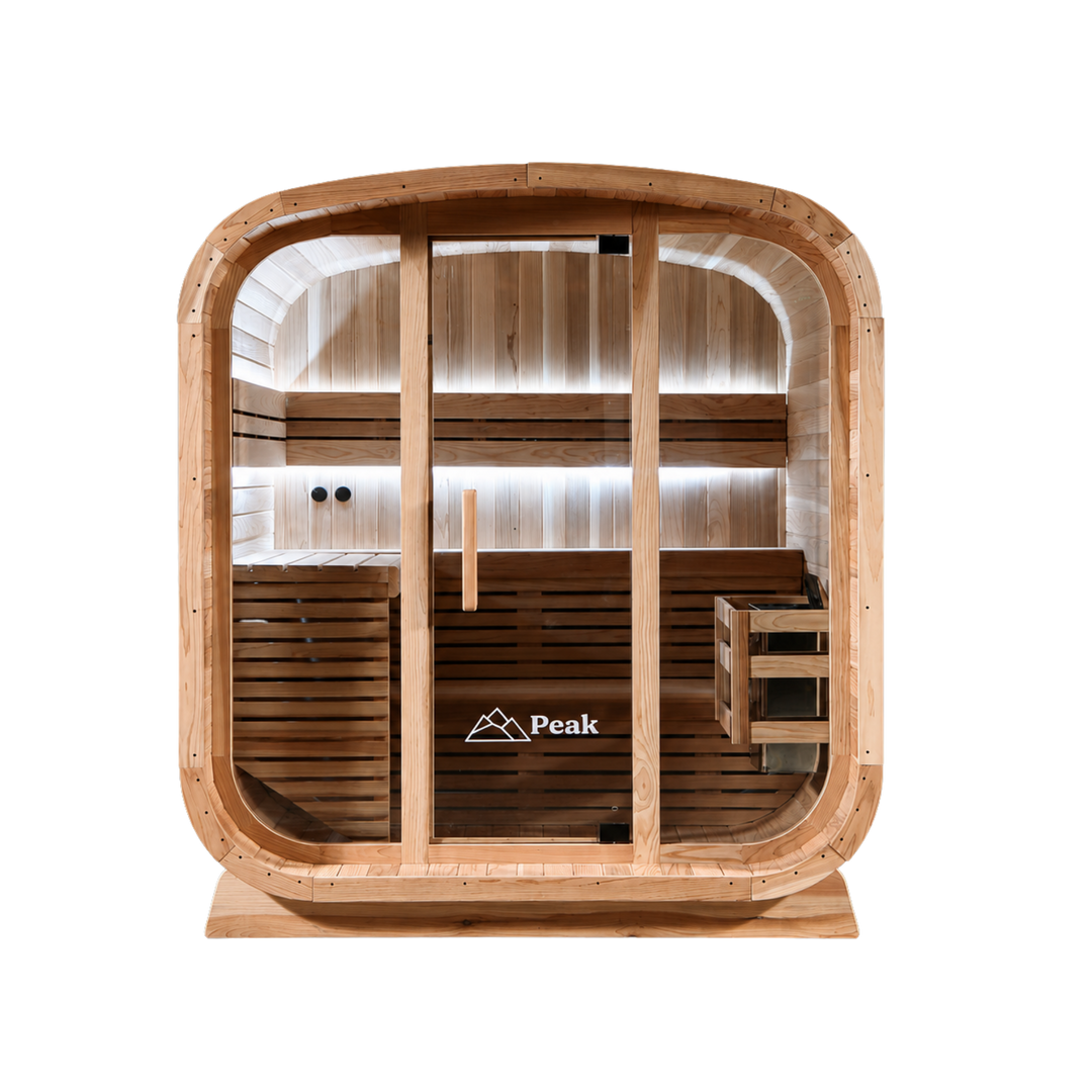 Peak Stirling Glass Outdoor Traditional Sauna front view