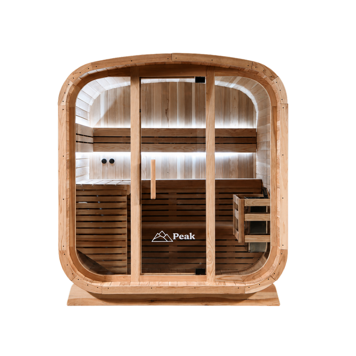 Peak Stirling Glass Outdoor Traditional Sauna front view