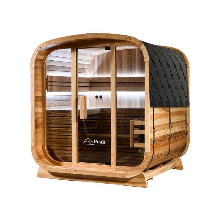 Peak Stirling Glass Outdoor Traditional Sauna opposite side view with shingle roof