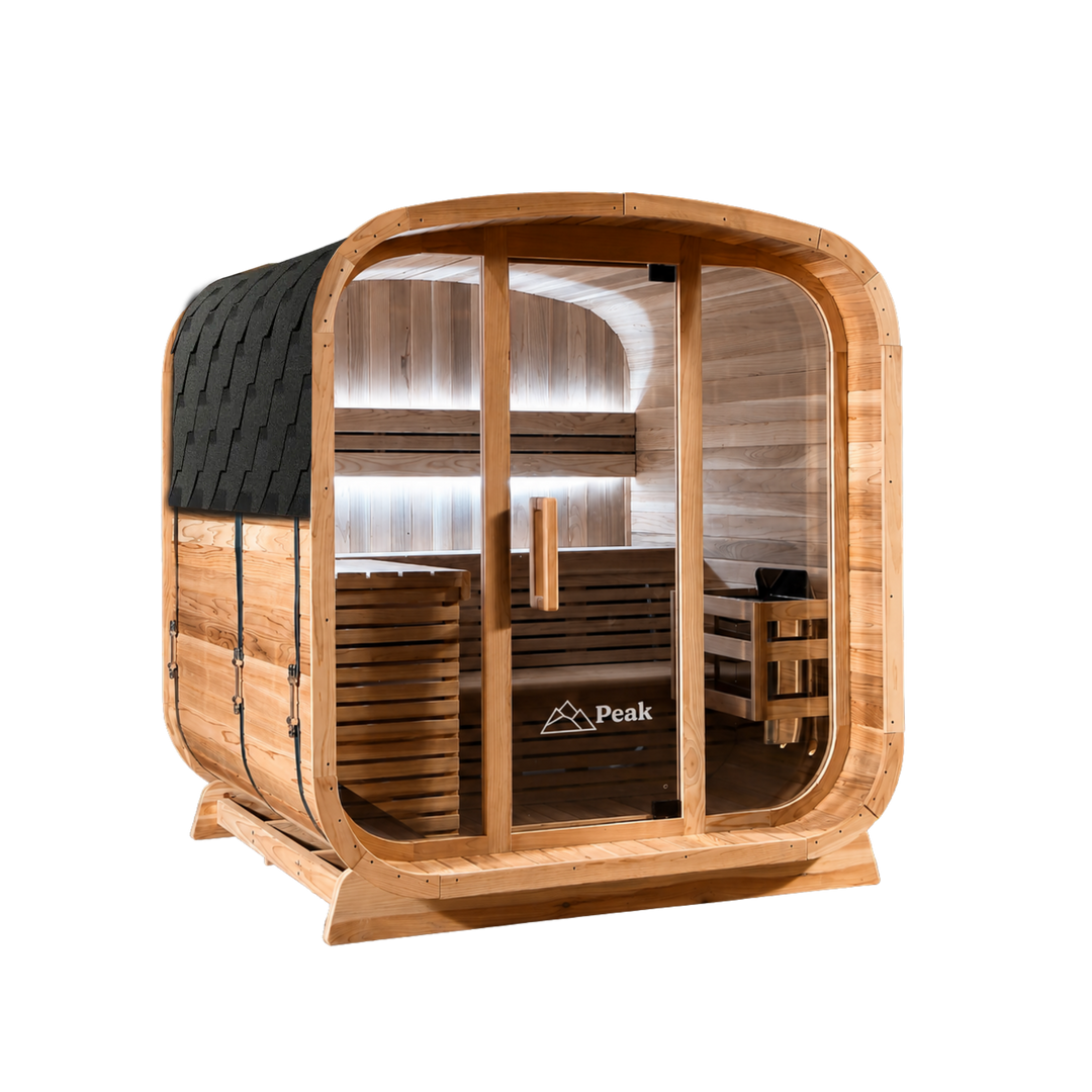 Peak Stirling Glass Outdoor Traditional Sauna side view with shingle roof