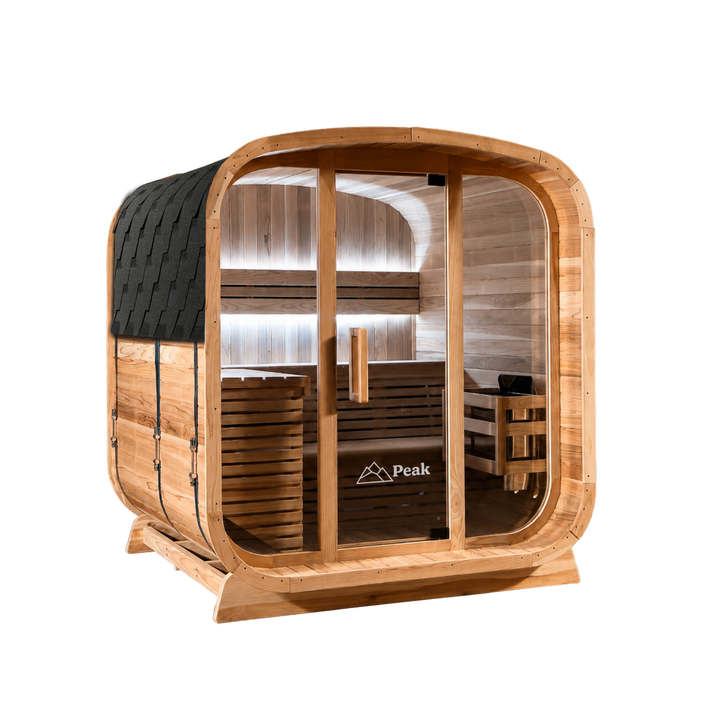 Peak Stirling Glass Outdoor Traditional Sauna side view with shingle roof