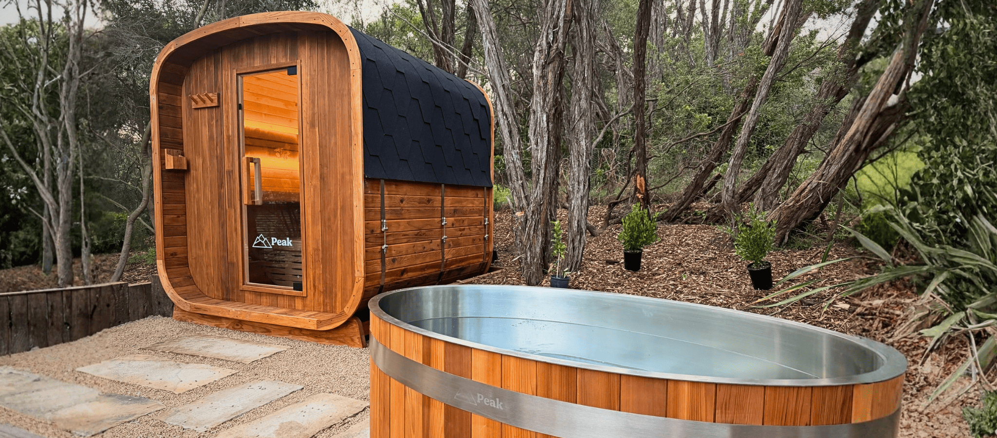 Peak Stirling traditional cube sauna and Eildon ice bath installed in Mornington Peninsula backyard