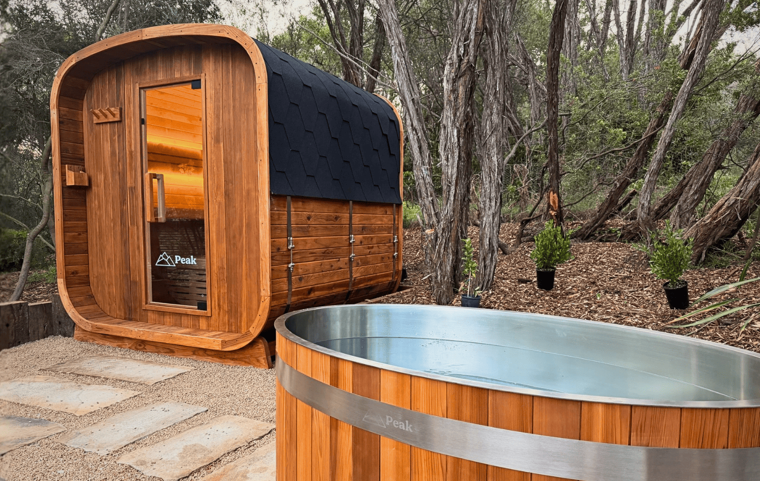 Peak Stirling traditional cube sauna and Eildon ice bath installed in Mornington Peninsula backyard