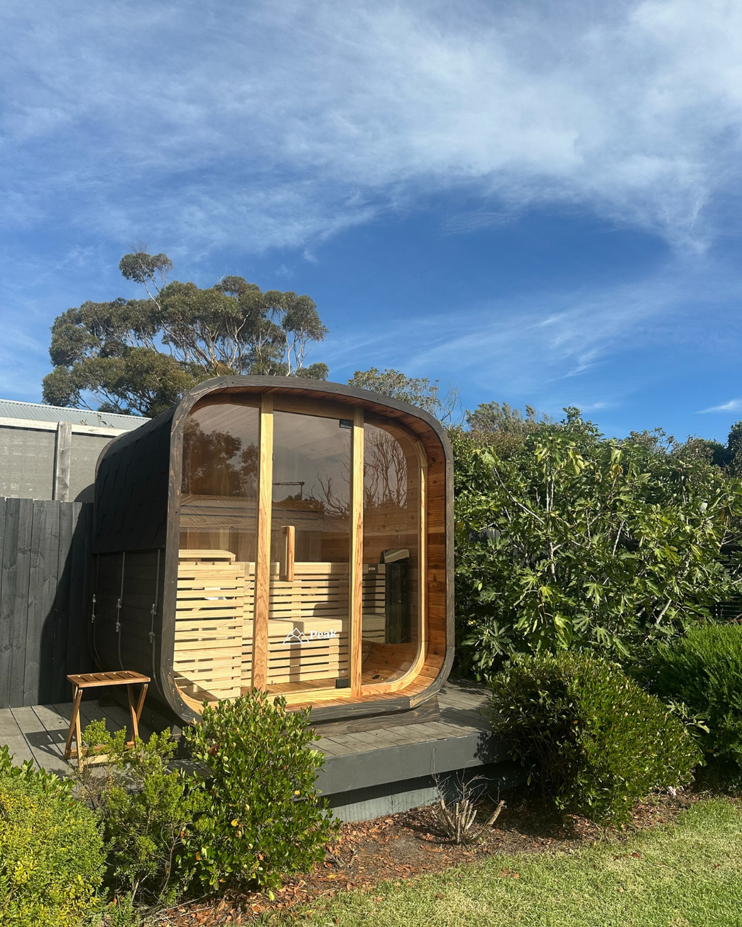 Peak sauna ice wooden stirling cube traditional sauna installed at customer patio