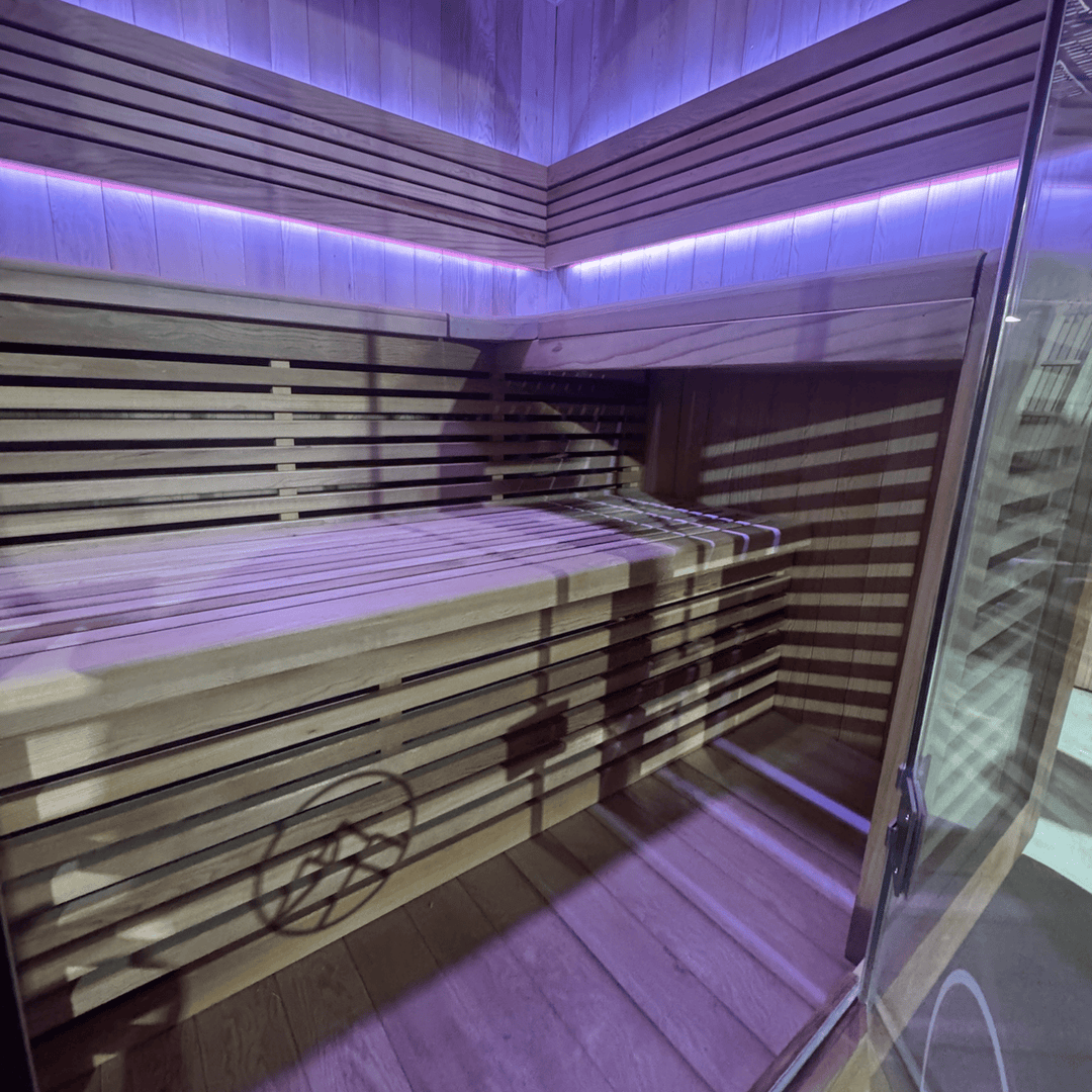 The macedon sauna with purple LED light by Peak Sauna and Ice in Melbourne